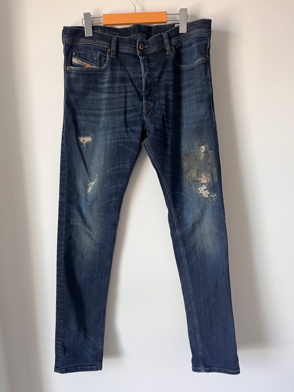 Men’s Diesel Tepphar Slim Carrot Jeans Size W34 Dark Wash Distressed Denim
